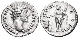 Marcus Aurelius, as Caesar, 139-161. Denarius (Silver, 18 mm, 3.09 g, 6 h), Rome, 153-154. AVRELIVS CAESAR AVG PII F Bare head of Aurelius to right. R...