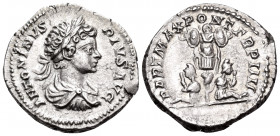 Caracalla, 198-217. Denarius (Silver, 19 mm, 3.55 g, 6 h), Rome, 201. ANTONINVS PIVS AVG Laureate and draped beardless young bust of Caracalla to righ...
