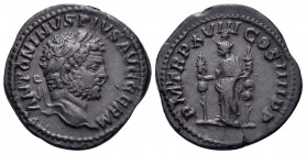 Caracalla, 198-217. Denarius (Silver, 19 mm, 3.35 g, 5 h), Rome, 215. ANTONINVS PIVS AVG GERM Laureate head of Caracalla to right. Rev. P M TR P XVIII...