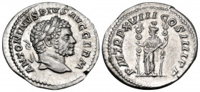 Caracalla, 198-217. Denarius (Silver, 19 mm, 2.85 g, 6 h), Rome, 215. ANTONINVS PIVS AVG GERM Laureate head of Caracalla to right. Rev. P M TR P XVIII...