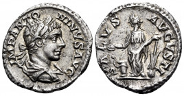 Elagabalus, 218-222. Denarius (Silver, 19 mm, 3.48 g, 11 h), Rome, 219-220. IMP ANTO-NINVS AVG Laureate and draped bust of Elagabalus to right. Rev. S...