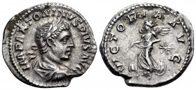 Elagabalus, 218-222. Denarius (Silver, 13 mm, 3.20 g, 12 h), Rome, 220-222. IMP ANTONINVS PIVS AVG Laureate, draped and cuirassed bust of Elagabalus t...