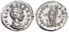 Julia Maesa, Augusta, 218-224/5. Denarius (Silver, 20 mm, 3.01 g, 7 h), struck under her grandson, Elagabalus, Rome, 220-222. IVLIA MAESA AVG Draped b...