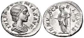 Julia Soaemias, Augusta, 218-222. Denarius (Silver, 19 mm, 3.30 g, 7 h), struck under her son Elagabalus, Rome, 220-222. IVLIA SOAEMIAS AVG Draped bus...