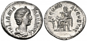 Julia Mamaea, Augusta, 222-235. Denarius (Silver, 20 mm, 3.21 g, 1 h), struck under Severus Alexander, Rome, 228. IVLIA MAMAEA AVG Diademed and draped...