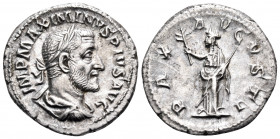 Maximinus I, 235-238. Denarius (Silver, 19 mm, 3.68 g, 7 h), Rome, 236. IMP MAXIMINVS PIVS AVG Laureate, draped and cuirassed bust of Maximinus to rig...