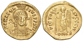 Anastasius I, 491-518. Solidus (Gold, 20 mm, 3.95 g, 7 h), Constantinople, 8th officina (H), 492-507. D N ANASTA-SIVS P P AVG Helmeted and cuirassed b...