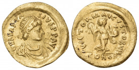 Anastasius I, 491-518. Tremissis (Gold, 15.5 mm, 1.34 g, 6 h), Constantinople, 492-518. D N ANASTA-SIVS P P AVG Diademed, draped and cuirassed bust of...