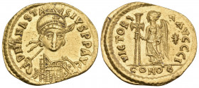 Anastasius I, 491-518. Solidus (Gold, 21 mm, 4.51 g, 6 h), Constantinople, 10th officina (I), 492-507. D N ANASTA-SIVS P P AVG Helmeted and cuirassed ...
