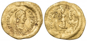 Anastasius I, 491-518. Tremissis (Gold, 16 mm, 1.43 g, 6 h), Constantinople, 492-518. D N ANASTA-SIVS P P AVG Diademed, draped and cuirassed bust of A...