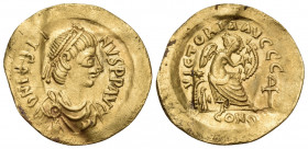 Justin I, 518-527. Semissis (Gold, 18 mm, 2.00 g, 6 h), Constantinople. DN IVSTI-NVS PP AVC Diademed, draped and cuirassed bust of Justin I to right. ...