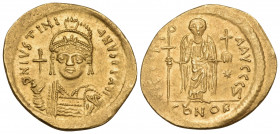 Justinian I, 527-565. Solidus (Gold, 21 mm, 4.49 g, 6 h), Constantinople, Z = 7th officina, 545-565. D N IVSTINI - ANVS P P AVG Diademed, helmeted and...