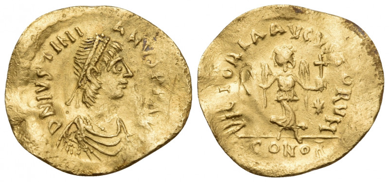 Justinian I, 527-565. Tremissis (Gold, 16.5 mm, 1.46 g, 7 h), Constantinople. D ...