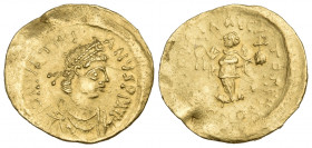 Justinian I, 527-565. Tremissis (Gold, 15 mm, 1.44 g, 6 h), Constantinople. D N IVSTINI-ANVS P P AVI Diademed, draped and cuirassed bust of Justinian ...