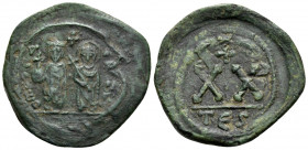 Phocas, 602-610. Half Follis (Bronze, 26 mm, 5.59 g, 7 h), Thessalonica. D m FOCA ERP AVG Phocas, on left, crowned, holding globus cruciger in right h...