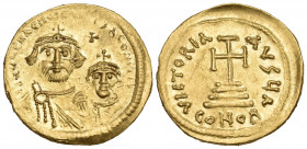 Heraclius, with Heraclius Constantine, 610-641. Solidus (Gold, 21 mm, 4.49 g, 7 h), Constantinople, 1st officina (A), c. 616-625. dd NN hERACLIUS ET h...