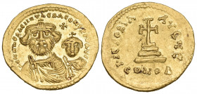 Heraclius, with Heraclius Constantine, 610-641. Solidus (Gold, 21 mm, 4.48 g, 8 h), Constantinople, E = 5th officina, c. 616-625. dd NN hERACLIUS ET h...