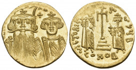 Constans II, with Constantine IV, Heraclius, and Tiberius, 641-668. Solidus (Gold, 20.5 mm, 4.50 g, 7 h), Constantinople, B = 2nd officina, 661-663. d...