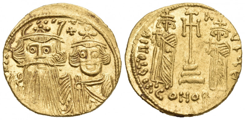 Constans II, with Constantine IV, Heraclius, and Tiberius, 641-668. Solidus (Gol...