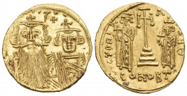 Constans II, with Constantine IV, Heraclius, and Tiberius, 641-668. Solidus (Gold, 20 mm, 4.48 g, 7 h), Constantinople, Θ = 9th officina, c. 661-663. ...