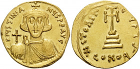 Justinian II, First reign, 685-695. Solidus (Gold, 19 mm, 4.25 g, 7 h), Constantinople, A = 1st officina, 687-692. D IUSTINIA-NUS PE AV Crowned and be...