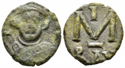Leontius, 695-698. Follis (Bronze, 18 mm, 4.39 g, 6 h), Ravenna. [D LEON PE AV] Bust of Leontius facing, wearing loros, holding globus cruciger in his...