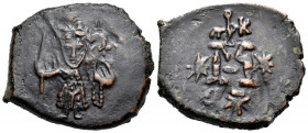 Philippicus (Bardanes), 711-713. Follis (Bronze, 25 mm, 7.18 g, 6 h), Syracuse. Philippicus standing facing, wearing helmet and miliary attire, holdin...