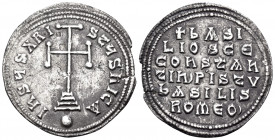 Basil I the Macedonian, with Constantine, 867-886. Miliaresion (Silver, 25 mm, 2.77 g, 1 h), Constantinople, 868-879. IhSuS XRI-StuS nICA Cross potent...