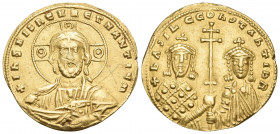 Basil II Bulgaroktonos, with Constantine VIII, 976-1025. Histamenon nomisma (Gold, 22 mm, 4.38 g, 6 h), Constantinople, 977-989. +IhS XPS REX RGENANTI...
