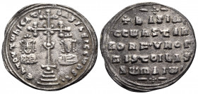 Basil II Bulgaroktonos, with Constantine VIII, 976-1025. Miliaresion (Silver, 23 mm, 2.65 g, 6 h), Constantinople, 977-989. En TOVTω nICA T' bASILEI C...