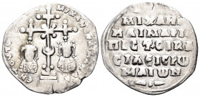 Michael VII Ducas, with Maria, 1071-1078. Miliaresion (Silver, 20 mm, 1.59 g, 6 h), Constantinople. EN TOΥTω NIKATE MIXAHΛ KAI MAPIA Cross crosslet wi...