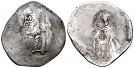 Isaac II Angelus, first reign, 1185-1195. Aspron Trachy (Silver, 26 mm, 3.10 g, 6 h), Constantinople. MHP - ΘV The Virgin, orans, enthroned facing; on...