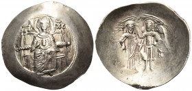 Isaac II Angelus, first reign, 1185-1195. Aspron Trachy (Electrum, 30 mm, 4.61 g, 6 h), Constantinople. (MHP) - XC ( sic! ) The Virgin Mary enthroned ...