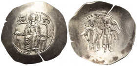 Isaac II Angelus, first reign, 1185-1195. Aspron Trachy (Electrum, 30 mm, 4.33 g, 6 h), Constantinople. (MHP) - ΘV The Virgin Mary enthroned facing on...