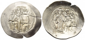 Isaac II Angelus, first reign, 1185-1195. Aspron Trachy (Electrum, 30 mm, 4.45 g, 5 h), Constantinople. (MHP) - ΘV The Virgin Mary enthroned facing on...