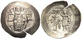 Isaac II Angelus, first reign, 1185-1195. Aspron Trachy (Electrum, 29 mm, 4.07 g, 6 h), Constantinople. (MHP) - ΘV The Virgin Mary enthroned facing on...