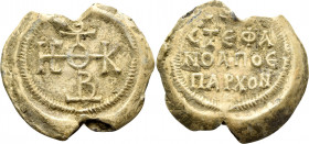 BYZANTINE SEALS. Stephanos apo eparchon, Circa 7th-8th century. Seal or Bulla (Lead, 29 mm, 15.85 g, 12 h). Cruciform invocation monogram reading: Κύρ...