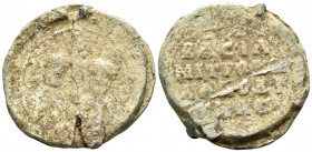 BYZANTINE SEALS. Basileion, Metropolitan of Laodicea, circa 9th-10th century. Seal or Bulla (Lead, 29 mm, 22.34 g, 11 h). Busts of Saint Peter and Sai...