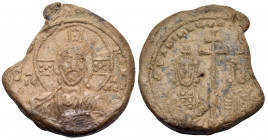 BYZANTINE SEALS, Imperial. Basil II Bulgaroktonos, with Constantine VIII, 976-1025. Seal or Bulla (Lead, 28 mm, 19.59 g, 11 h). [+ЄΜΜΑ] - ΝΟYΗΛ / IC -...