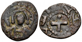 CRUSADERS. Edessa. Joscelin I de Courtenay or Joscelin II, 1119-1150. Follis (Bronze, 22 mm, 3.73 g). Facing bust of Christ Pantocrator. Rev. IEVSEΛ(I...