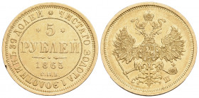 RUSSIA, Tsars of Russia. Alexander II, 1855-1881. 5 Roubles (Gold, 23 mm, 6.52 g, 12 h), St. Petersburg, 1865-СПБ СШ. Legend and date. Rev. Crowned do...