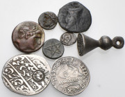 MISCELLANEA. Circa 4th century BC - 17th century AD. (Silver/Bronze, 22.77 g). A lot of Eight (8) coins and objects, including one seal stamp, a COUNT...