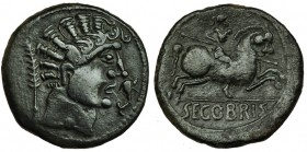 SEGOBRIGA, Huete (Cuenca). As de transición. A/ Marcas: palma y delfín R/ Jinete con lanza a der.; ley. latina: SEGOBRIS. AE 9,8 g. I-2181. PPR-Pág. 2...