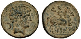 SETEISKEN, Sástago (Zaragoza). Unidad. A/ Cabeza masculina a der.; marca: creciente. R/ Jinete con insignia a der.; SETeISKeN. AE 16,6 g. I-2205. VIL-...