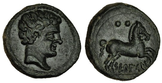 SETEISKEN, Sástago (Zaragoza). Cuarto. A/ Cabeza masculina a der.; marca: arado....