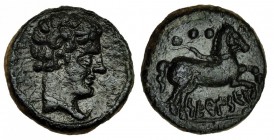 SETEISKEN, Sástago (Zaragoza). Similar a la anterior. AE 3,7 g. Pátina oscura con marcas de limpieza. EBC/EBC-. Rara.