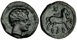 KESE-TARRACO, Tarragona. Mitad. A/ Caballo al trote a der., encima estrella y creciente; KeSE. AE 4,7 g. I-2301. VIL-159/8. Pátina oscura. MBC. Rara.