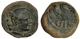 KESE-TARRACO, Tarragona. Cuarto. A/ Marca: tres puntos. R/ Protomo de Pegaso a der.; KeSE. AE 5,8 g. I-2325. VIL-160/14. Rev. descentrado. Pátina oscu...