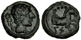 KESE-TARRACO, Tarragona. Cuarto. A/ Marca: caduceo. R/ Protomo de Pegaso a der., encima tres puntos; KeSE. AE 2,4 g. I-2330. VIL-161/26. Pátina oscura...