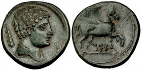 KESE-TARRACO, Tarragona. Mitad. A/ Cabeza masculina a der., detrás clava. R/ Caballo al trote a der. con punto entre las patas delanteras; KeSE. AE 6,...